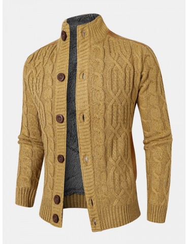 Men Cable Knit Full Button Solid Stand Collar Cardigans