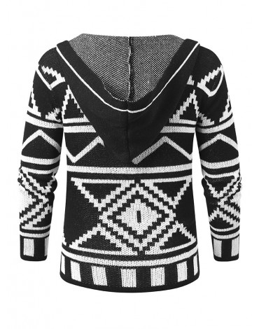 Men Knitted Hooded Sweater Mid-length Jacquard Cardigans