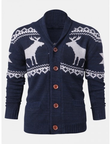 Mens Christmas Reindeer Button Thick Warm Casual Knitted Cardigan Sweater