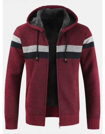 Mens Patchwork Zip Front Rib-Knit Plush Lined Hooded Cardigans With Pocket