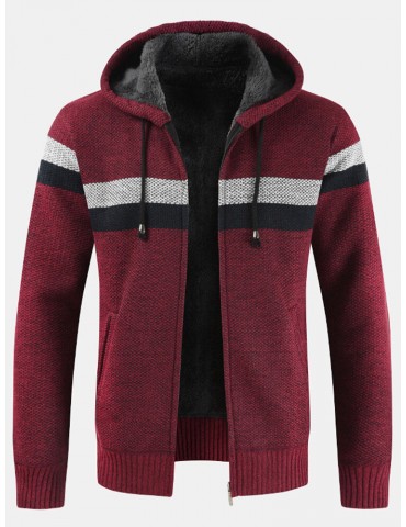 Mens Patchwork Zip Front Rib-Knit Plush Lined Hooded Cardigans With Pocket