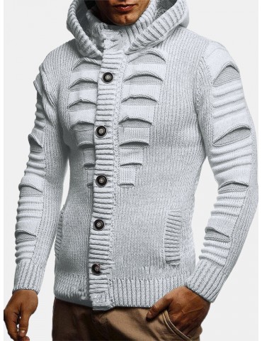 Mens Solid Color Long Sleeve Knitting Hooded Sweater Cardigans