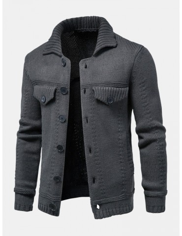 Mens Solid Color Warm Long Sleeve Knitted Cardigans