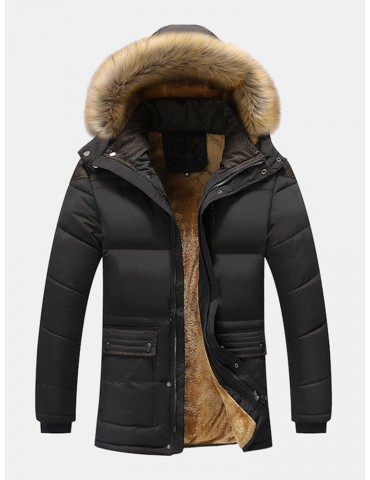 Mens Solid Color Fleece Lined Long Sleeve Thicken Detachable Faux Fur Collar Hooded Coats