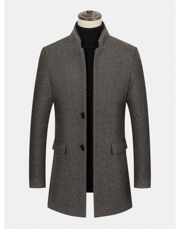 Mens Stand Color Mid Length Woolen Single-Breasted Thick Business Casual Coat