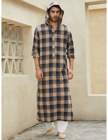 Men Lattice Half Buttons Calf Length Plaid Hooded Casual Night Robe