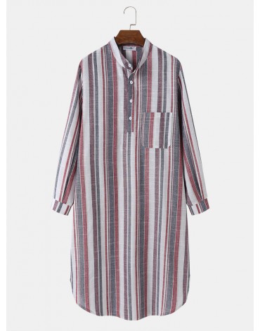 Men Striped Chest Pocket High Low Hem Casual Night Robe