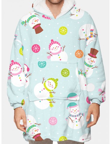 Mens Cartoon Snowman Print Fleece Lined Warm Blanket Hoodie Reversible Loungewear With Pocket