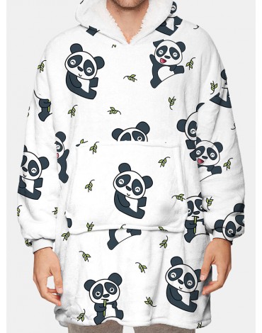 Mens Cute Panda Printed Flannel Oversized Two-Sided Blanket Hoodie With Pouch Pocket